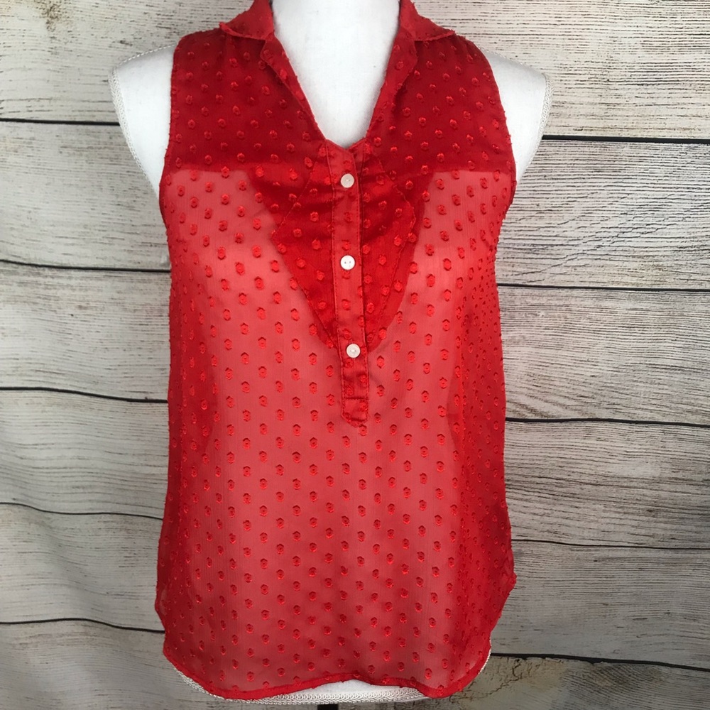 Volcom sleeveless tank top v-neck button front solid red sheer collared